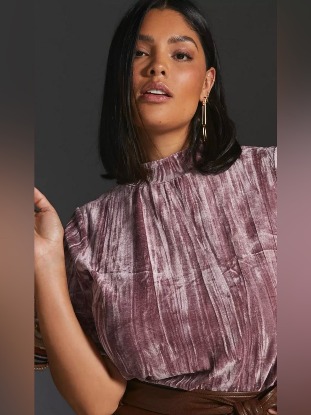 Pilcro - Velvet Pleated Mock Neck Top in Mauve Pink